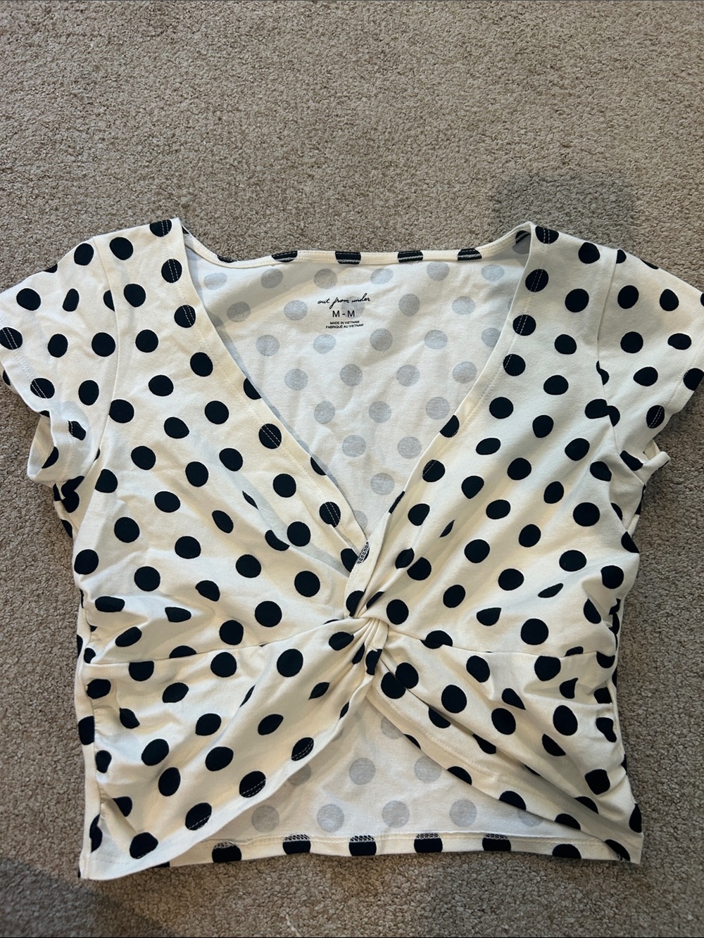 Polka Dot Twist-Front V-Neck Crop Top - Black on White